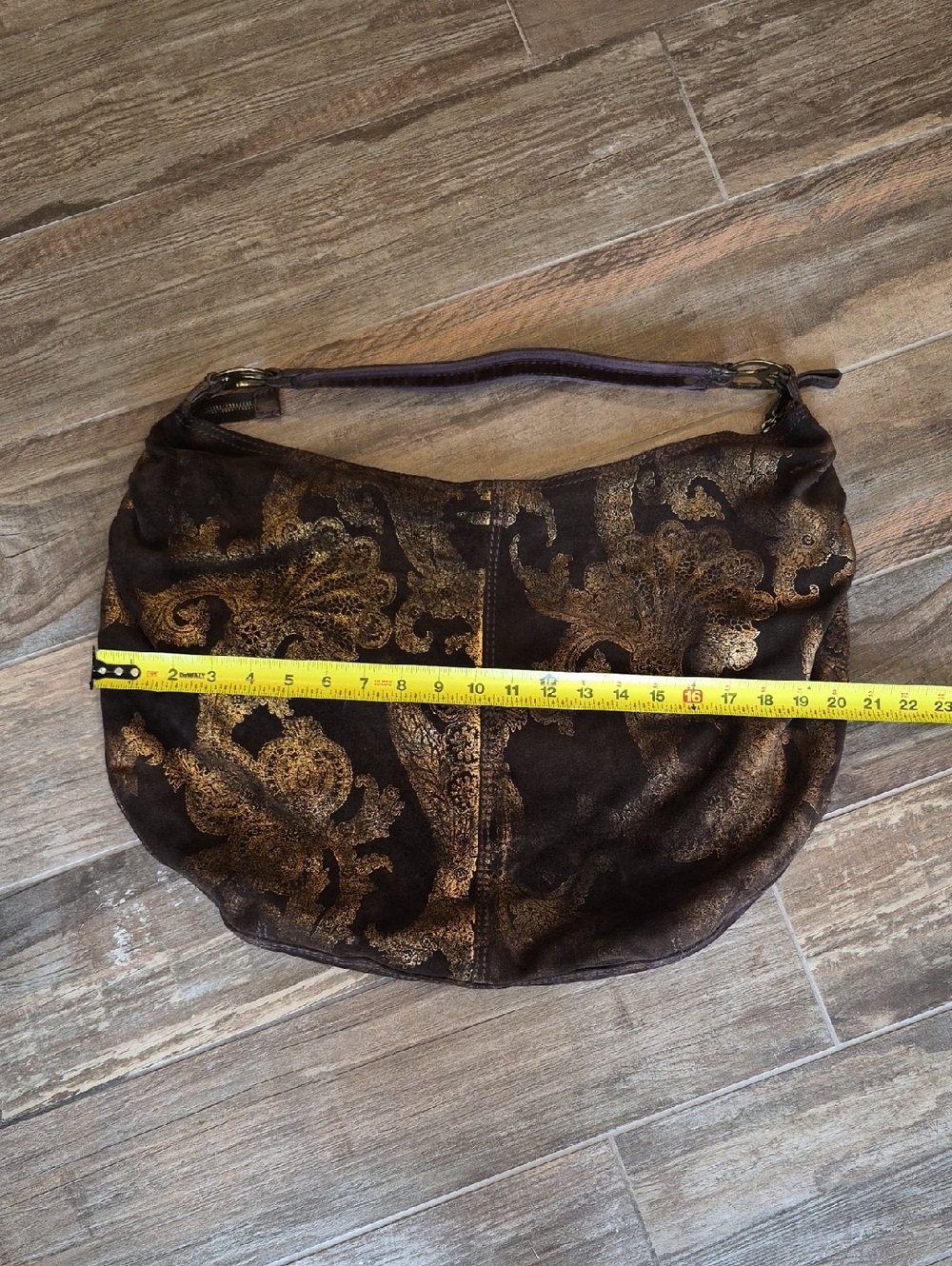 Lucky Brand Brown Suede & Gold Foilage Pleated Detail Bohemian Hobo Shoulder Bag - Picture 14 of 16
